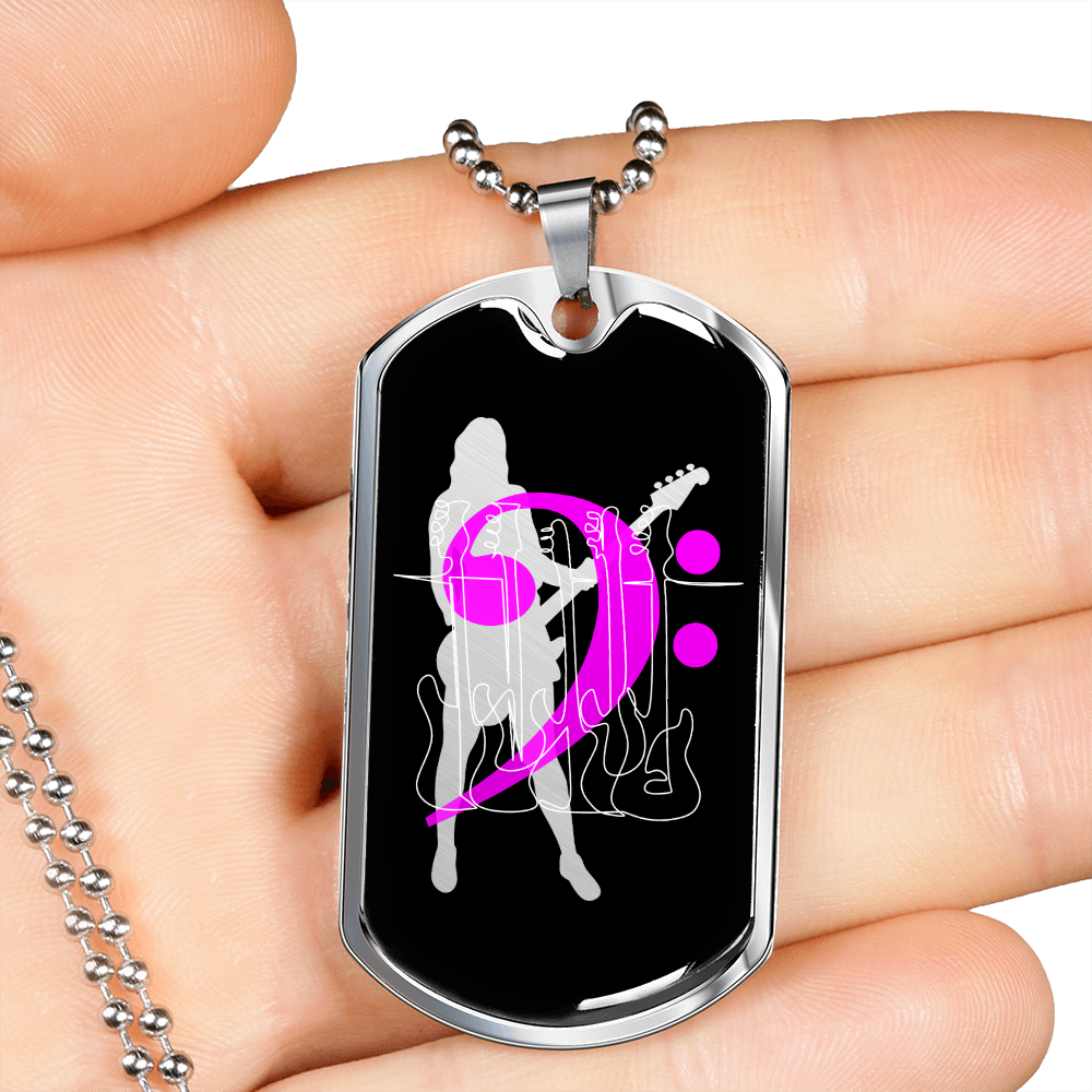 Dog Tag Necklace Black | Female Bassist Cutout | Bass Guitars | Pink Bass Clef
