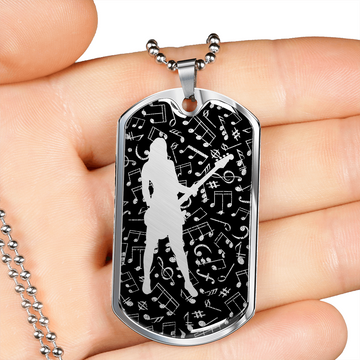 Dog Tag Necklace Black | Female Bassist Cutout | Music Notes Cutout