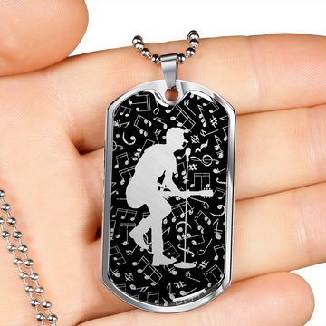 Dog Tag Necklace Black | Male Guitarist Cutout | Music Notes Cutout