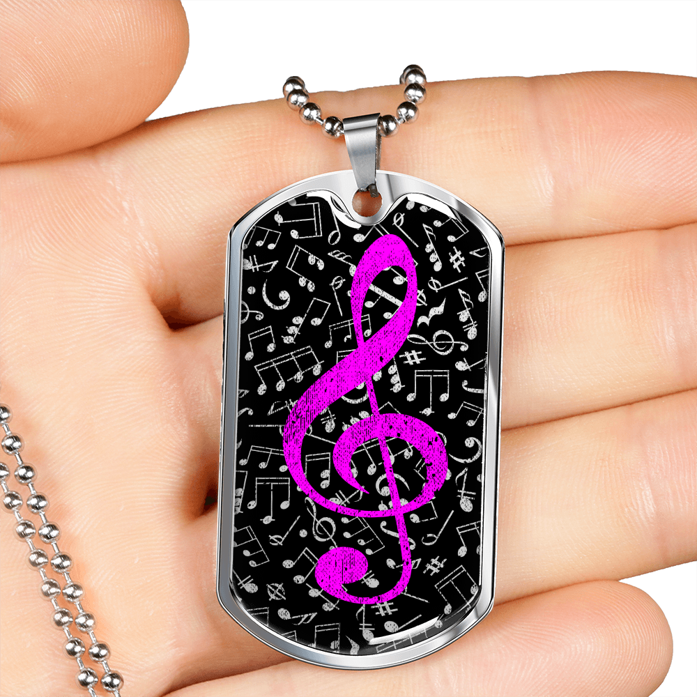Dog Tag Necklace Black | Music Pattern Cutout | Pink Clef