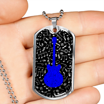 Dog Tag Necklace Black | Music Pattern Cutout  | Blue Guitar