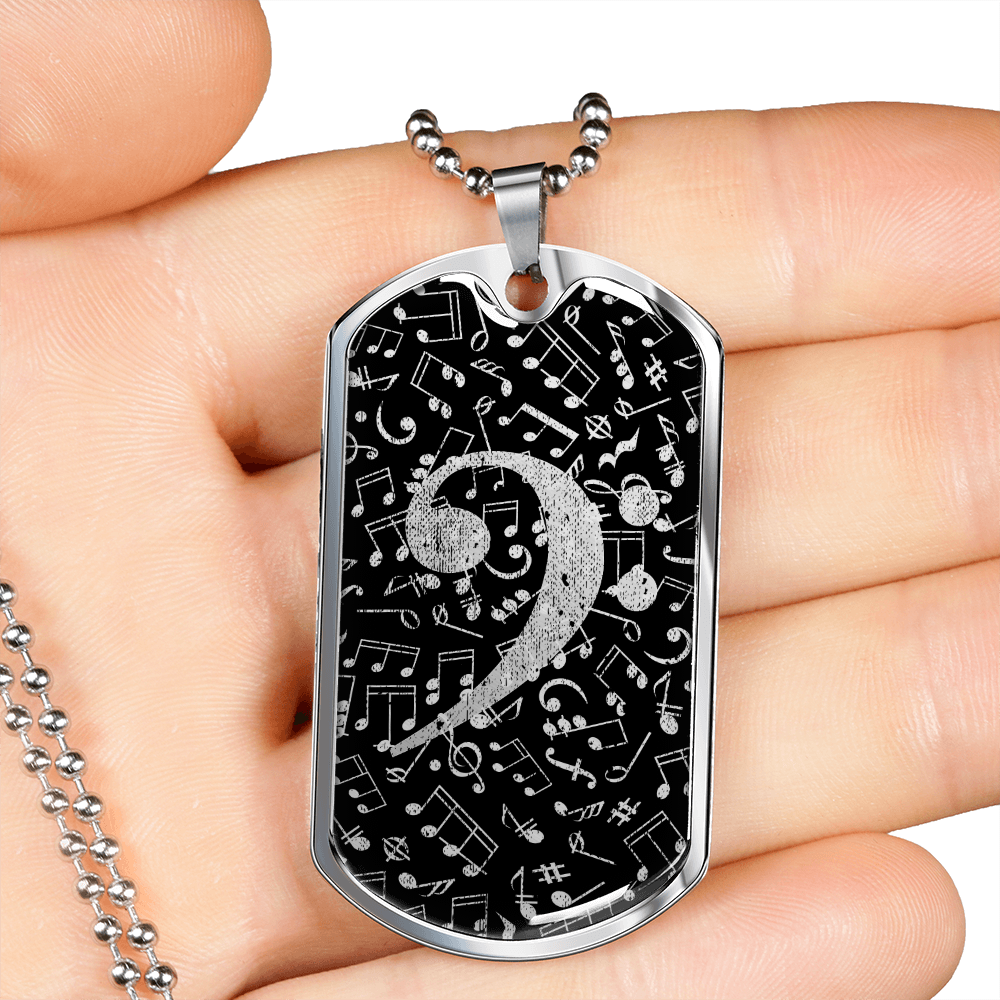 Dog Tag Necklace Black | Bass Clef Cutout | Music Notes | Distressed
