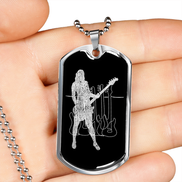 Dog Tag Necklace Black | Female Bassist Cutout | Bass Guitars Distressed