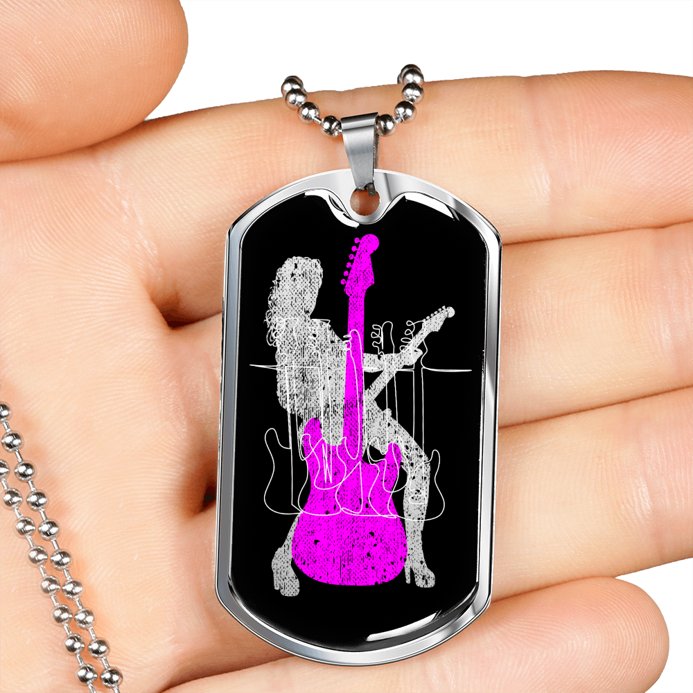 Dog Tag Necklace Black | Female Guitarist Cutout | Bass Guitars | Pink Electric Guitar