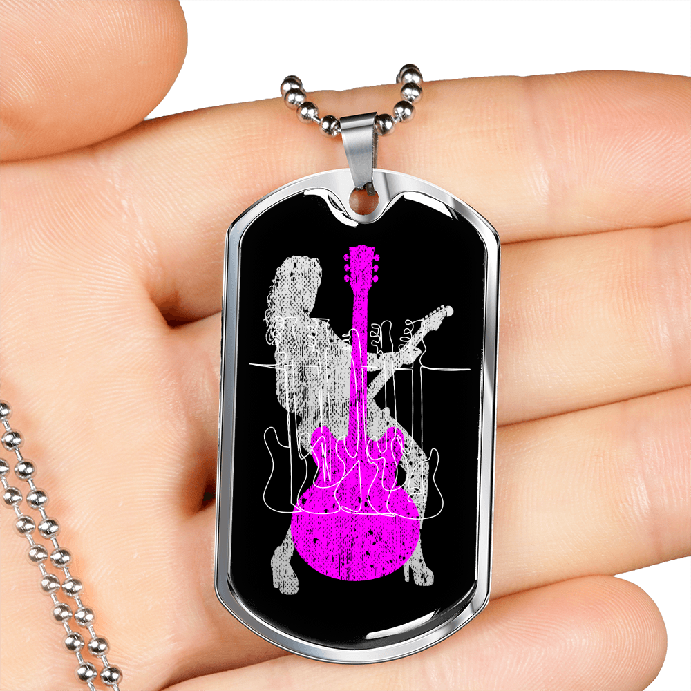 Dog Tag Necklace Black | Female Guitarist Cutout | Bass Guitars | Pink Guitar