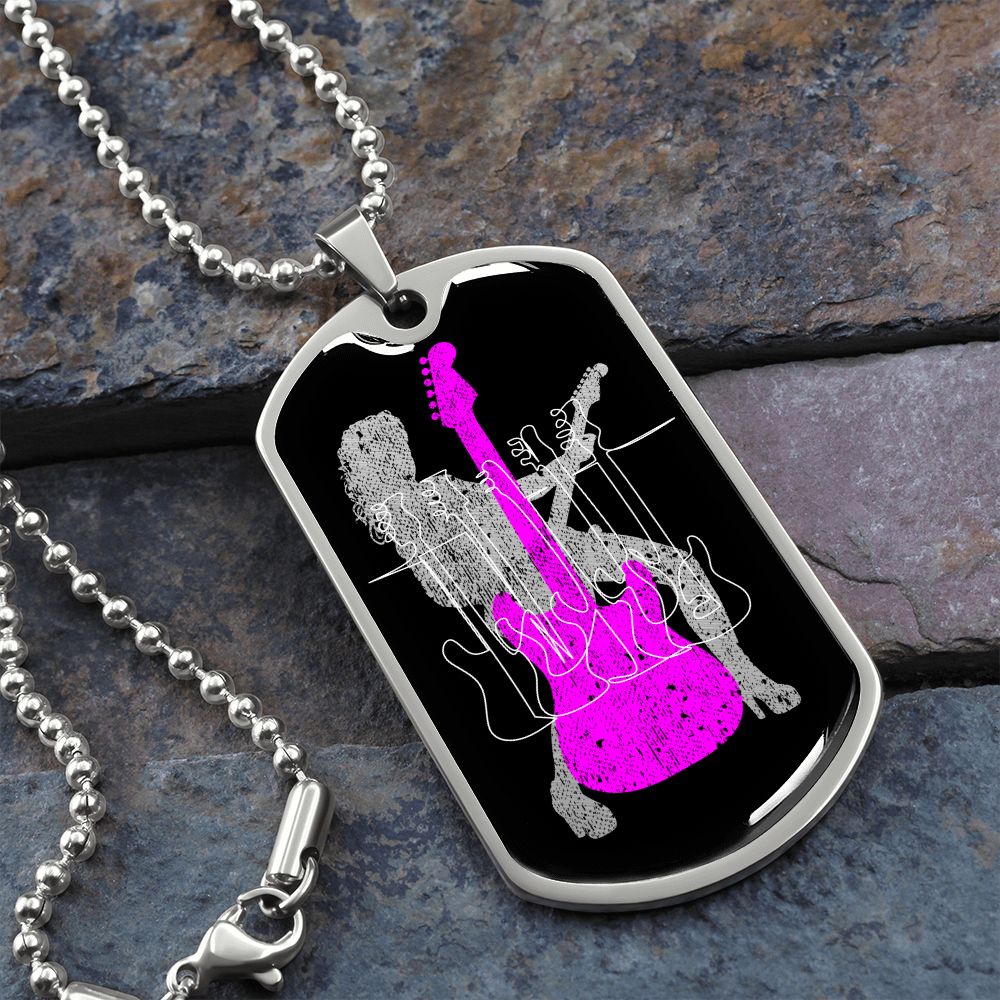 Dog Tag Necklace Black | Female Guitarist Cutout | Bass Guitars | Pink Electric Guitar