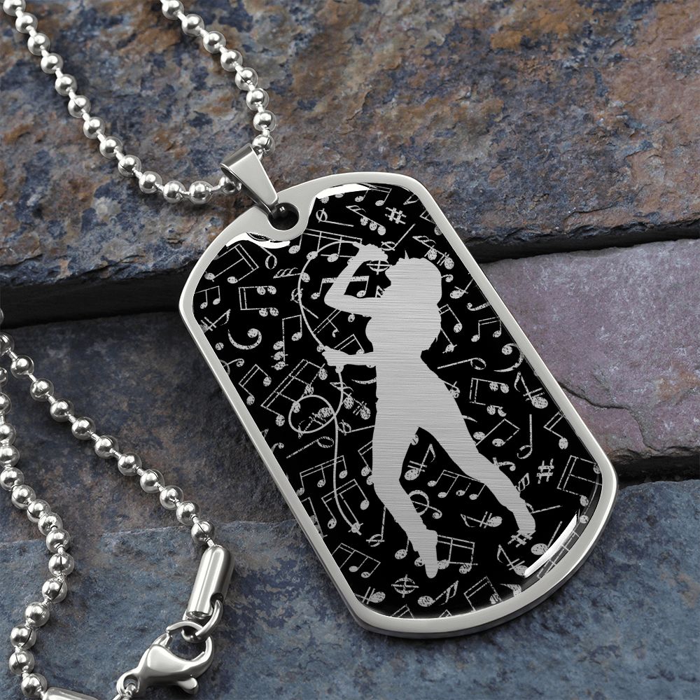 Dog Tag Necklace Black | Female Singer Cutout | Music Notes Cutout