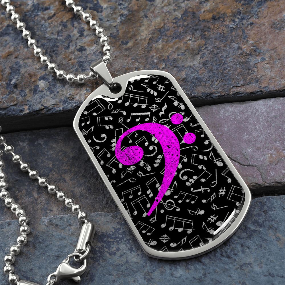 Dog Tag Necklace Black | Music Pattern Cutout | Pink Bass Clef