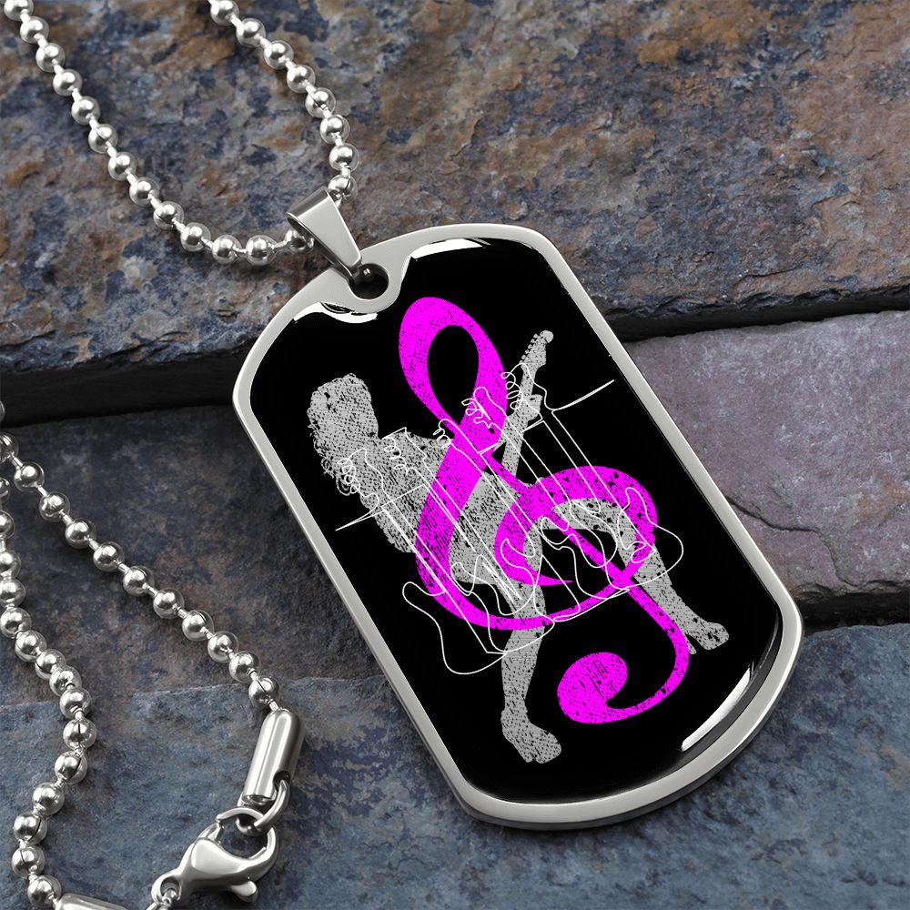 Dog Tag Necklace Black | Female Guitarist Cutout | Bass Guitars | Pink Clef