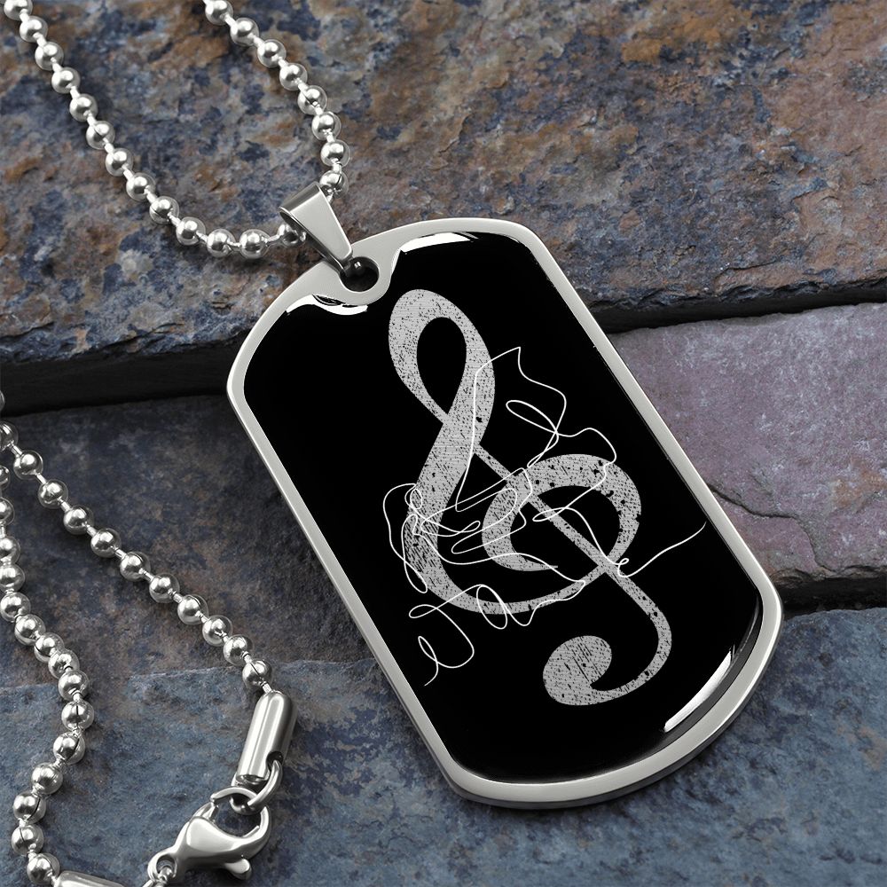 Dog Tag Necklace Black | G-clef Cutout | Grand Piano | Distressed