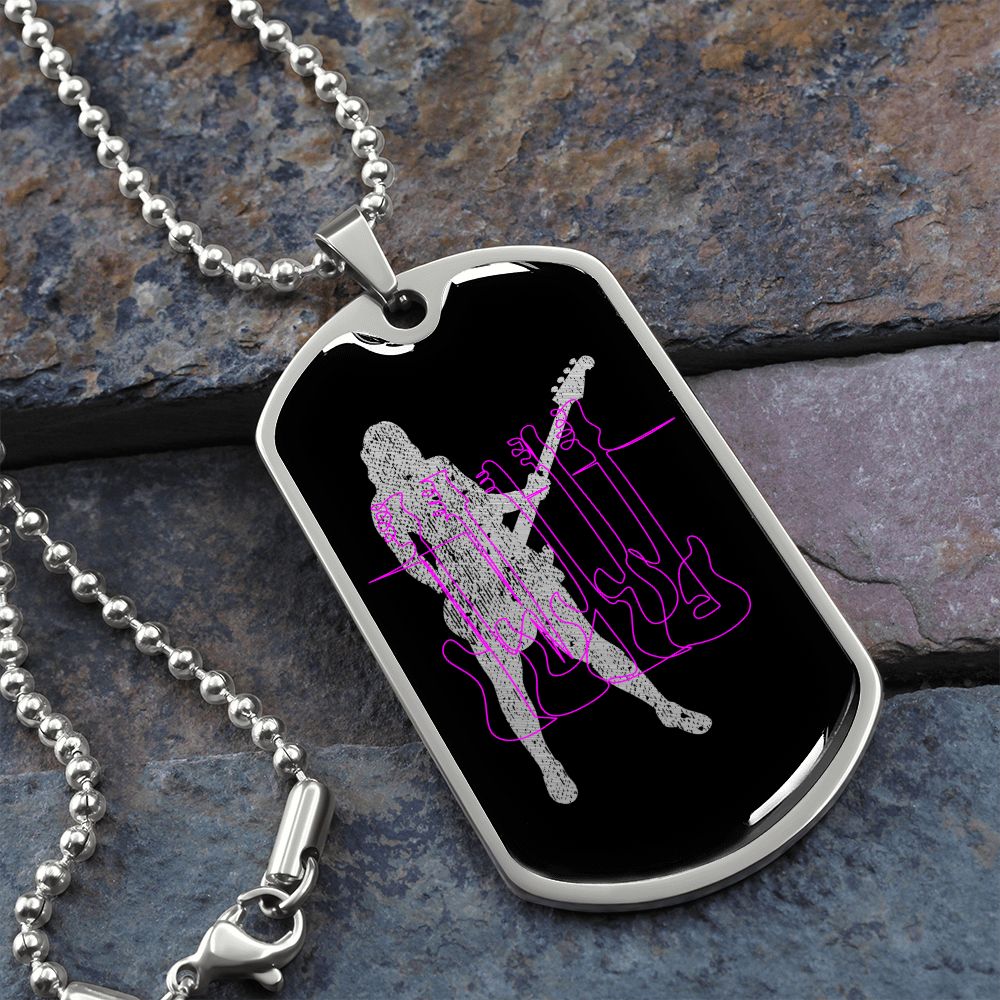 Dog Tag Black Necklace | Female Bassist Cutout | Pink Bass Guitars | Pink Bass Clef | Distressed