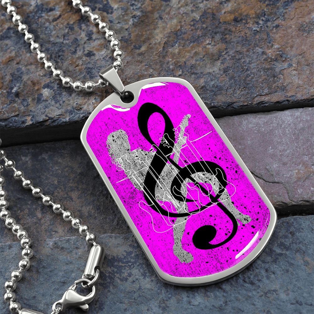 Dog Tag Necklace Pink | Female Guitarist Cutout | Bass Guitars | Black Clef