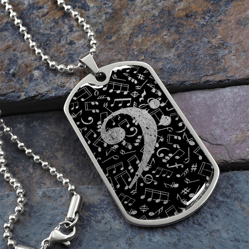 Dog Tag Necklace Black | Bass Clef Cutout | Music Notes | Distressed