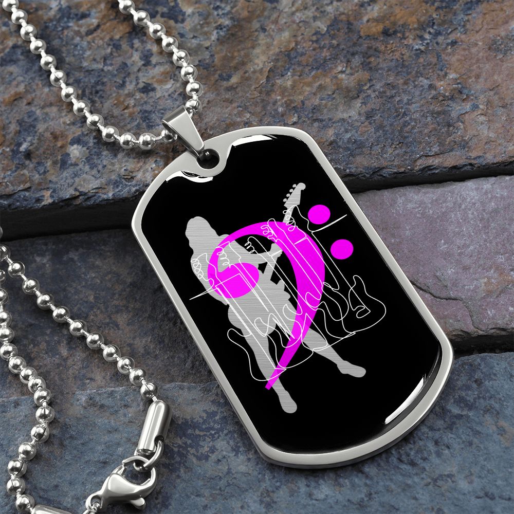Dog Tag Necklace Black | Female Bassist Cutout | Bass Guitars | Pink Bass Clef