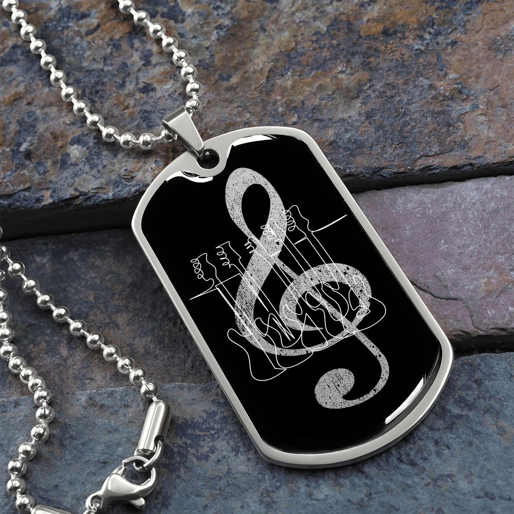 Dog Tag Necklace Black | G-clef Cutout | Basses | Distressed
