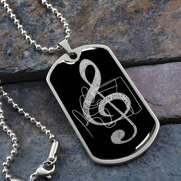 Dog Tag Necklace Black | G-clef Cutout | Piano | Distressed