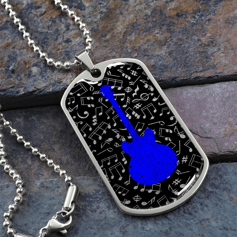 Dog Tag Necklace Black | Music Pattern Cutout | Blue Guitar