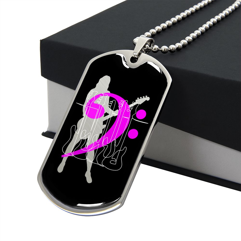Dog Tag Necklace Black | Female Bassist Cutout | Bass Guitars | Pink Bass Clef