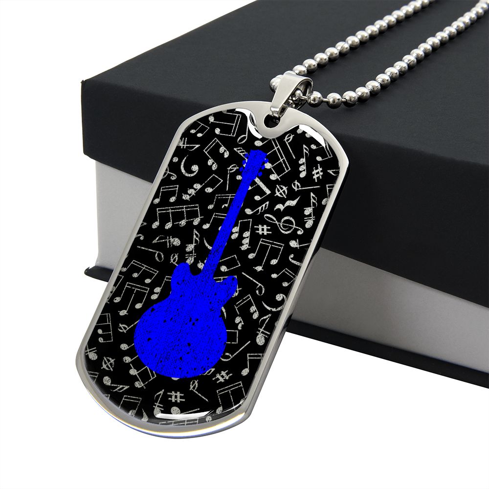 Dog Tag Necklace Black | Music Pattern Cutout | Blue Guitar