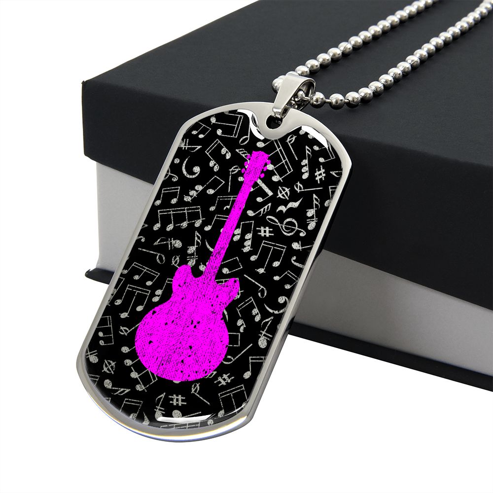 Dog Tag Necklace Black | Music Pattern Cutout | Pink Guitar