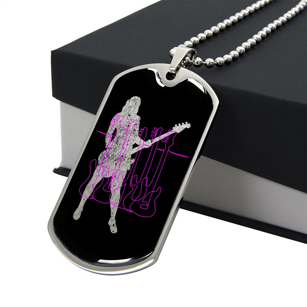 Dog Tag Black Necklace | Female Bassist Cutout | Pink Bass Guitars | Pink Bass Clef | Distressed