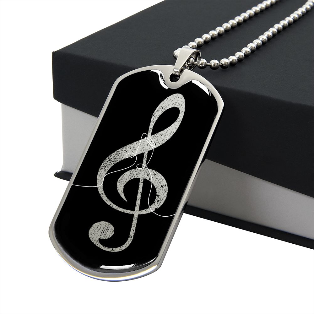 Dog Tag Necklace Black | G-clef Cutout | Music Notes | Distressed