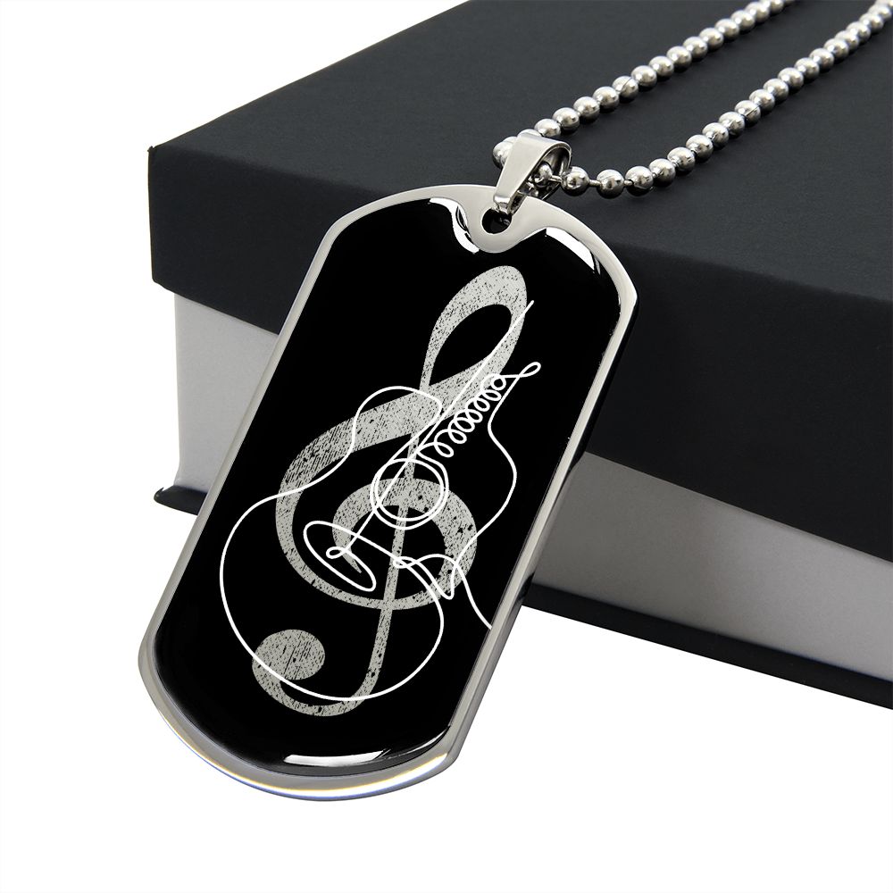 Dog Tag Necklace Black | G-clef Cutout | Guitar | Distressed