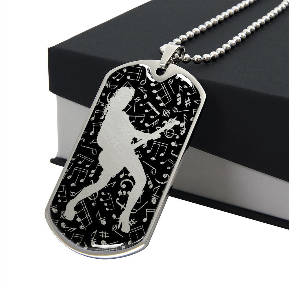 Dog Tag Necklace Black | Female Guitarist Cutout | Music Notes Cutout