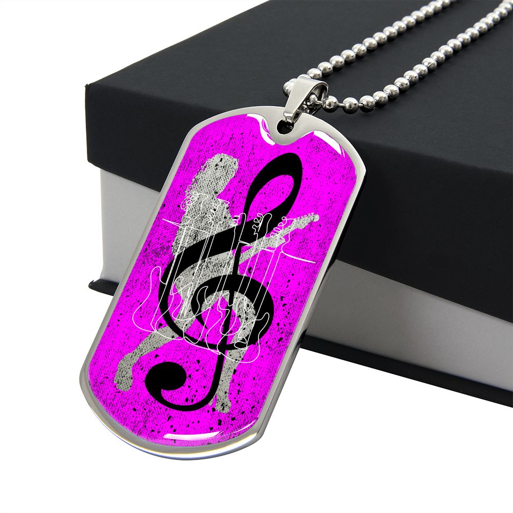Dog Tag Necklace Pink | Female Guitarist Cutout | Bass Guitars | Black Clef