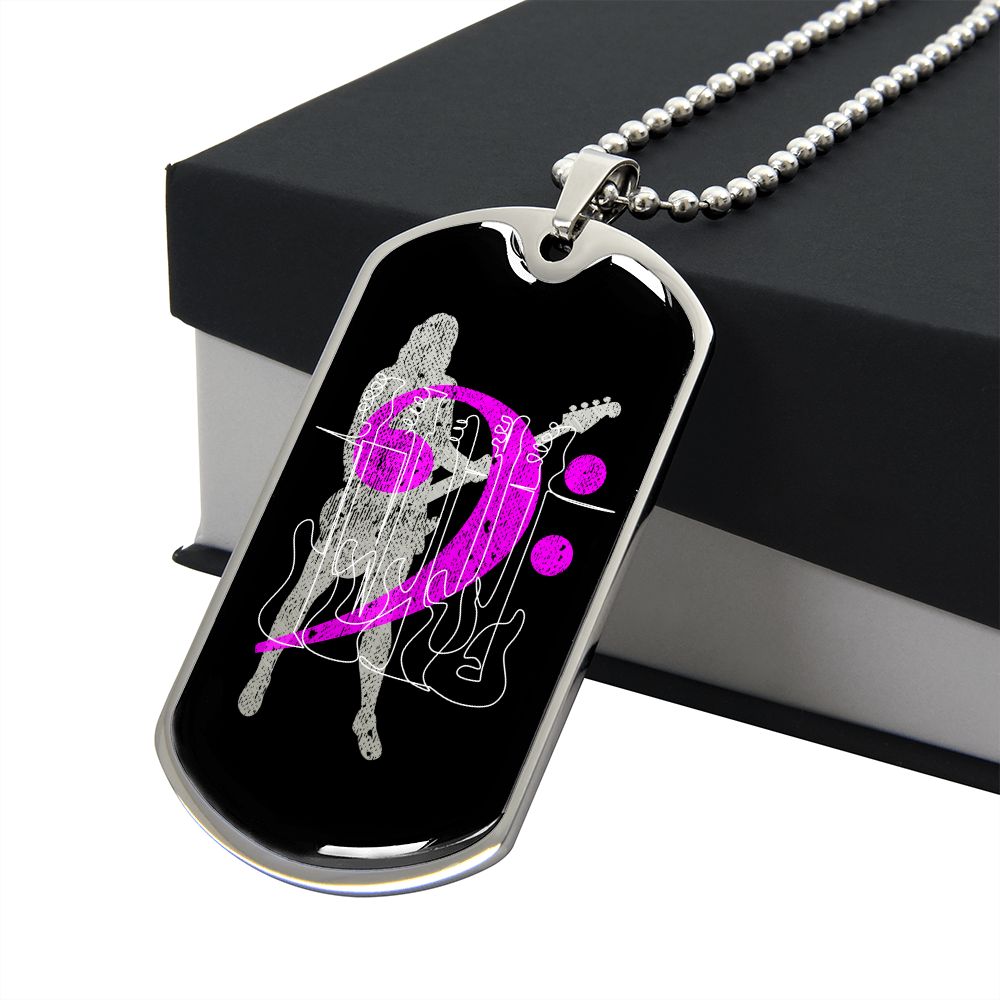 Dog Tag Necklace Black | Female Bassist Cutout | Bass Guitars | Pink Bass Clef | Distressed