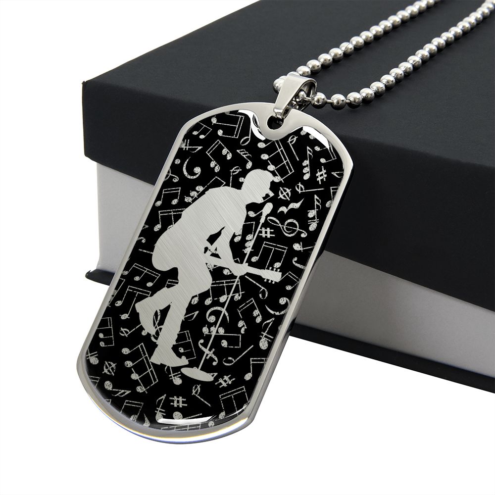 Dog Tag Necklace Black | Male Guitarist Cutout | Music Notes Cutout