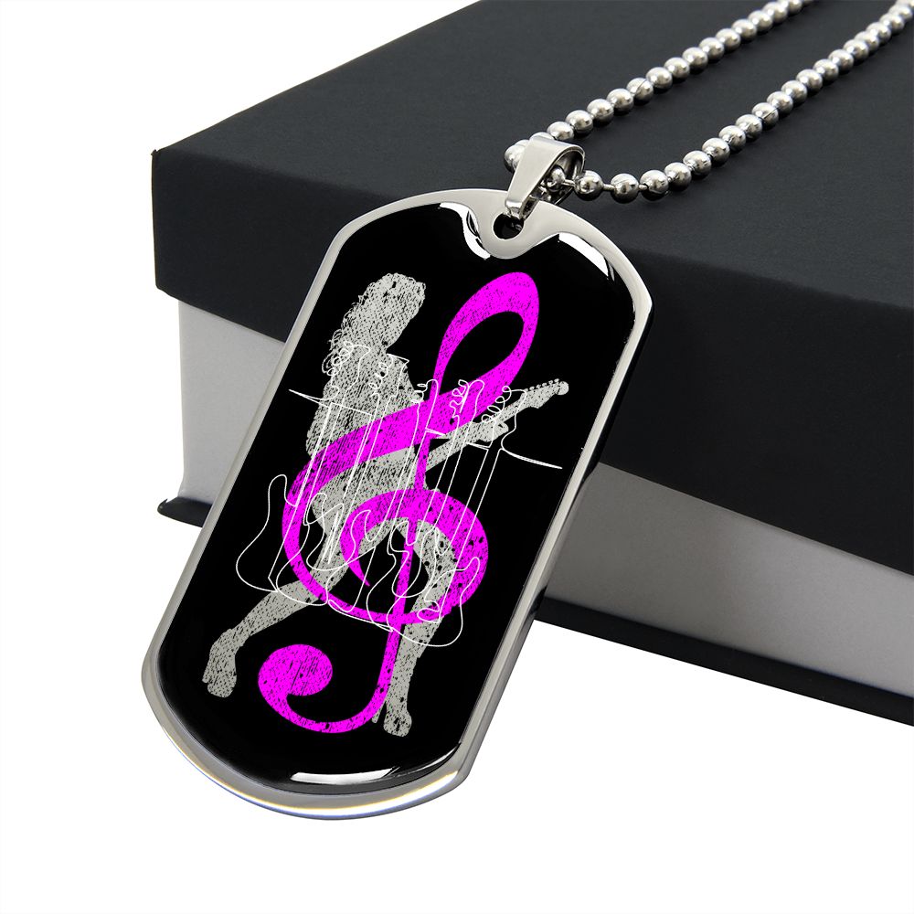 Dog Tag Necklace Black | Female Guitarist Cutout | Bass Guitars | Pink Clef