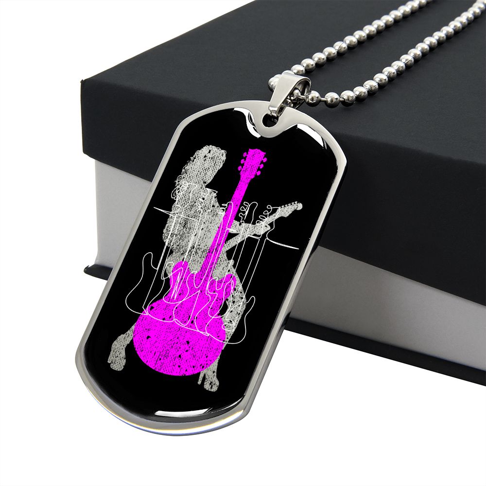Dog Tag Necklace Black | Female Guitarist Cutout | Bass Guitars | Pink Guitar