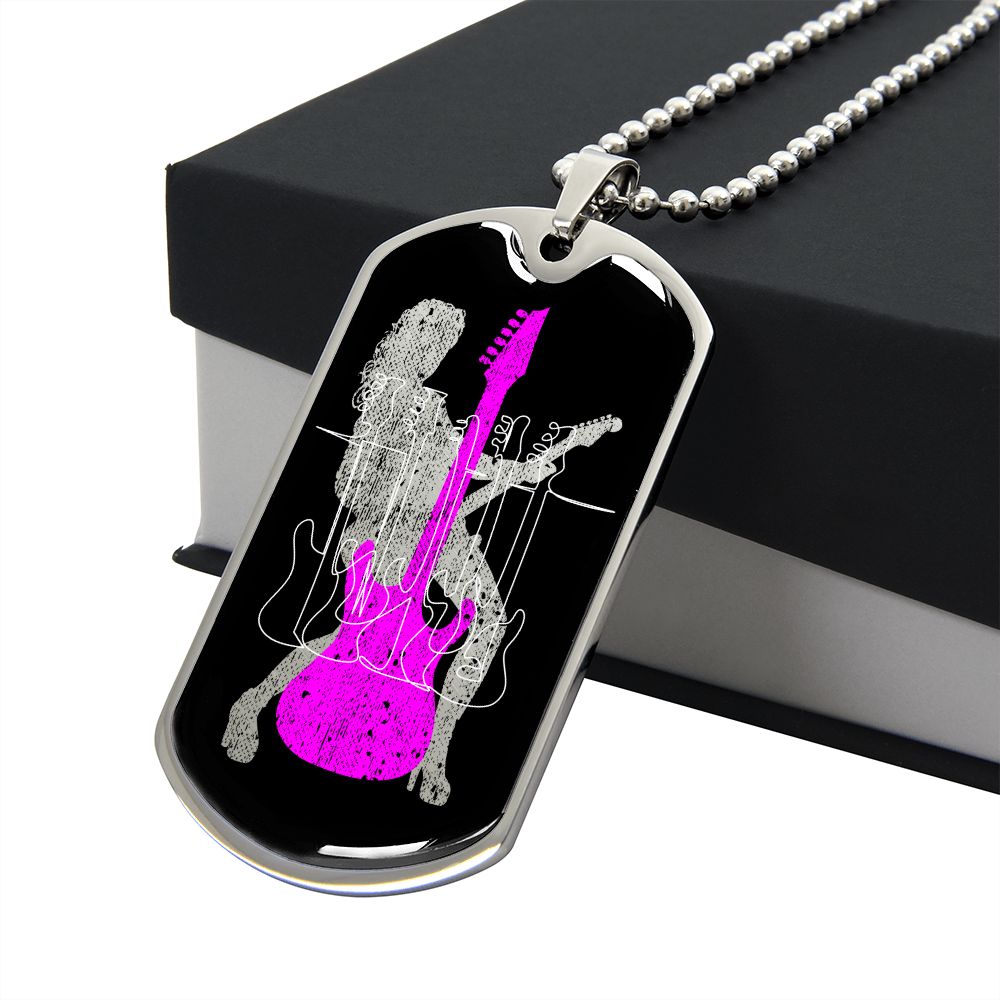 Dog Tag Necklace Black | Female Guitarist Cutout | Bass Guitars | Pink Guitar