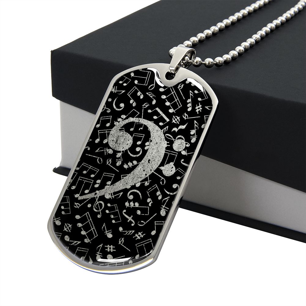 Dog Tag Necklace Black | Bass Clef Cutout | Music Notes | Distressed