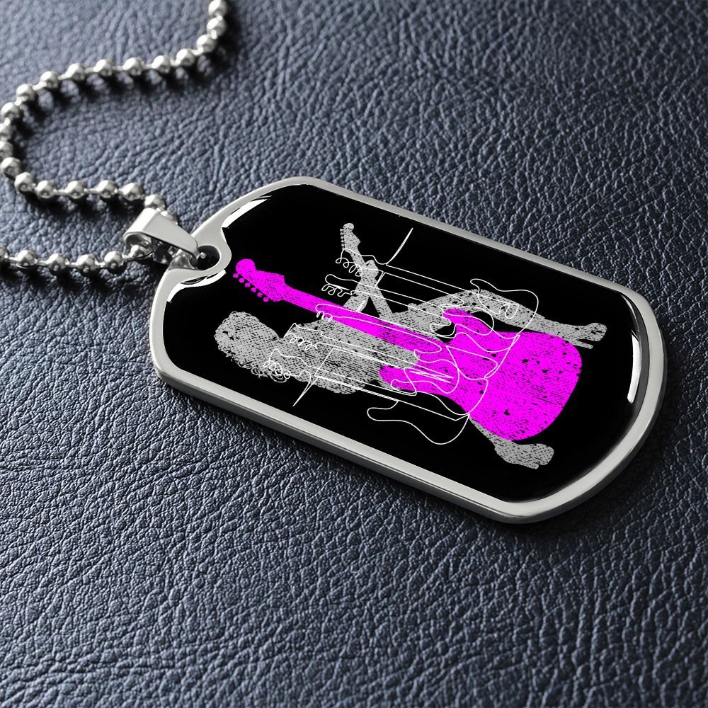 Dog Tag Necklace Black | Female Guitarist Cutout | Bass Guitars | Pink Electric Guitar
