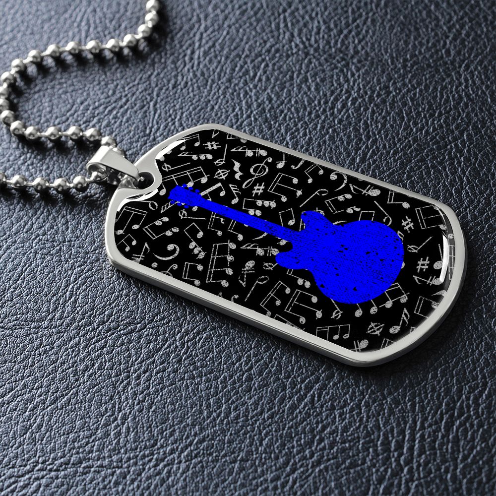 Dog Tag Necklace Black | Music Pattern Cutout | Blue Guitar
