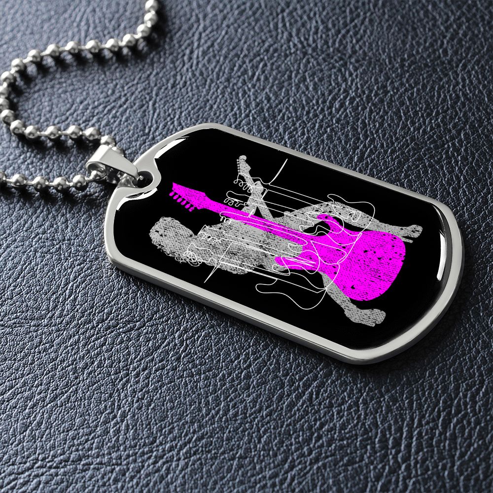 Dog Tag Necklace Black | Female Guitarist Cutout | Bass Guitars | Pink Guitar