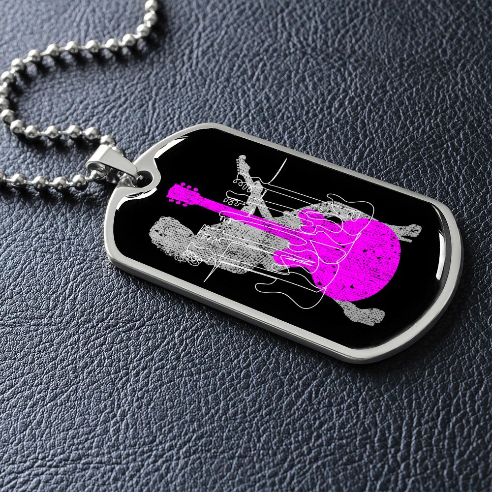 Dog Tag Necklace Black | Female Guitarist Cutout | Bass Guitars | Pink Guitar