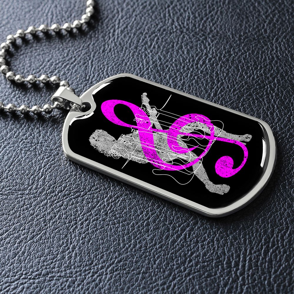 Dog Tag Necklace Black | Female Guitarist Cutout | Bass Guitars | Pink Clef