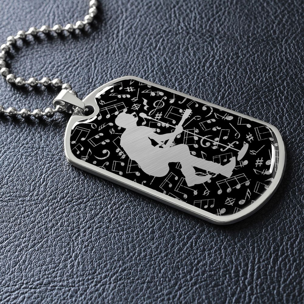 Dog Tag Necklace Black | Male Guitarist Cutout | Music Notes Cutout