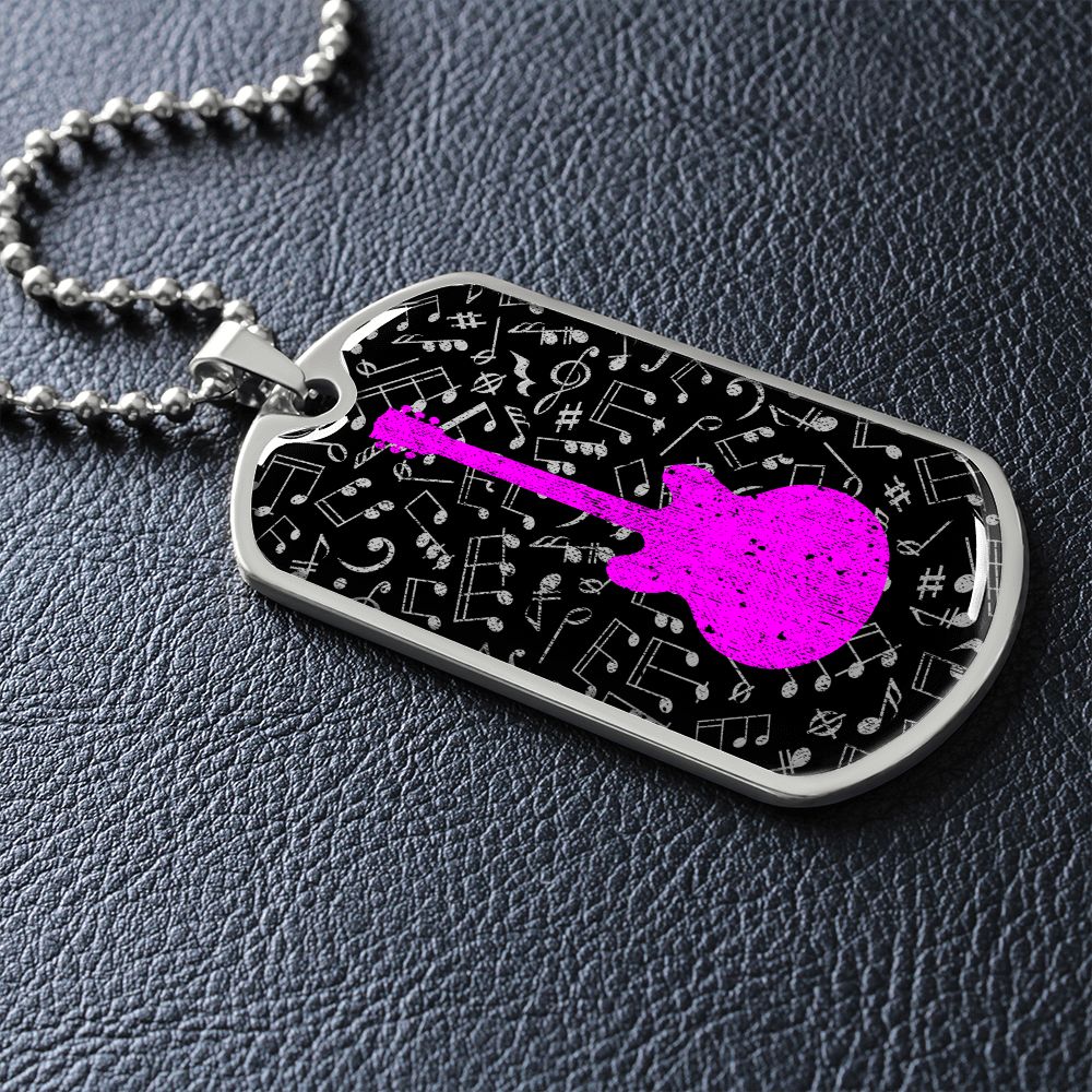 Dog Tag Necklace Black | Music Pattern Cutout | Pink Guitar