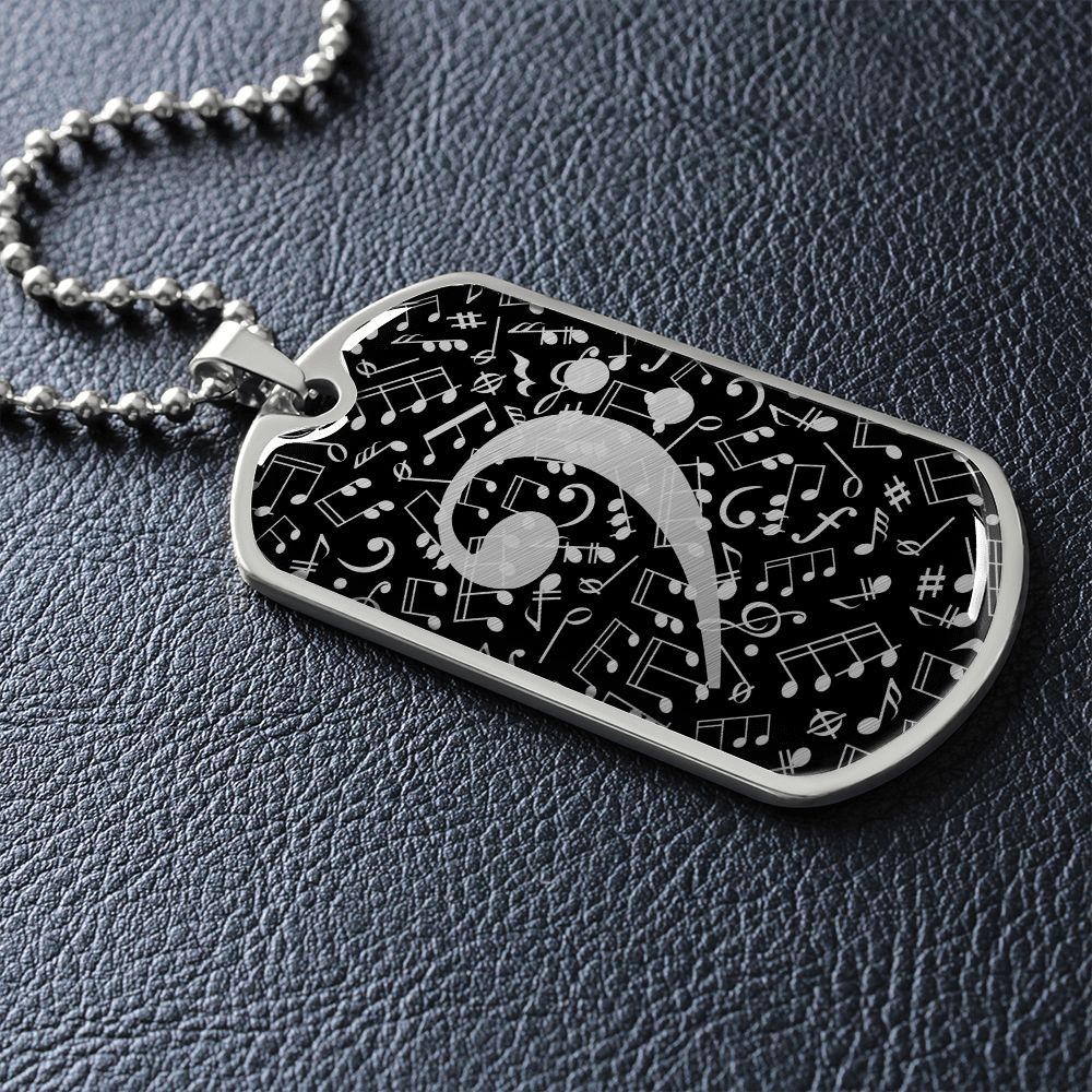 Dog Tag Necklace Black | Bass Clef Cutout | Music Notes