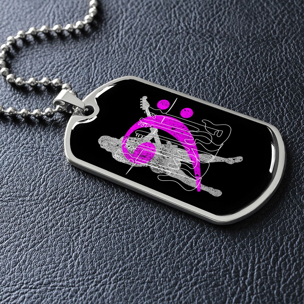 Dog Tag Necklace Black | Female Bassist Cutout | Bass Guitars | Pink Bass Clef | Distressed