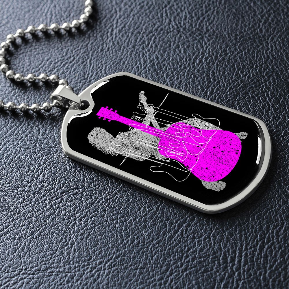 Dog Tag Necklace Black | Female Guitarist Cutout | Bass Guitars | Pink Acoustic Guitar