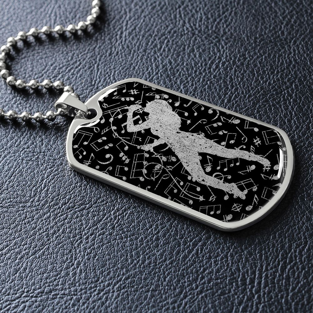 Dog Tag Necklace Black | Female Singer Cutout | Music Notes Cutout | Distressed