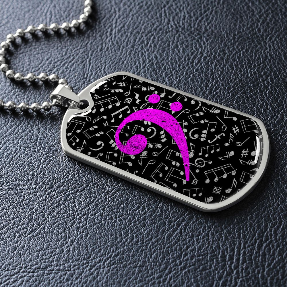 Dog Tag Necklace Black | Music Pattern Cutout | Pink Bass Clef