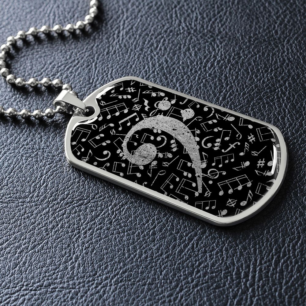 Dog Tag Necklace Black | Bass Clef Cutout | Music Notes | Distressed
