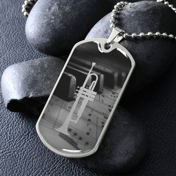 Dog Tag Necklace | Trumpet Cutout Piano Sheet Music Greyscale
