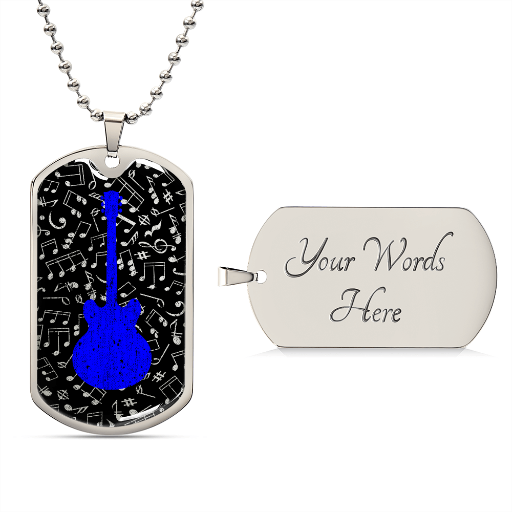 Dog Tag Necklace Black | Music Pattern Cutout | Blue Guitar